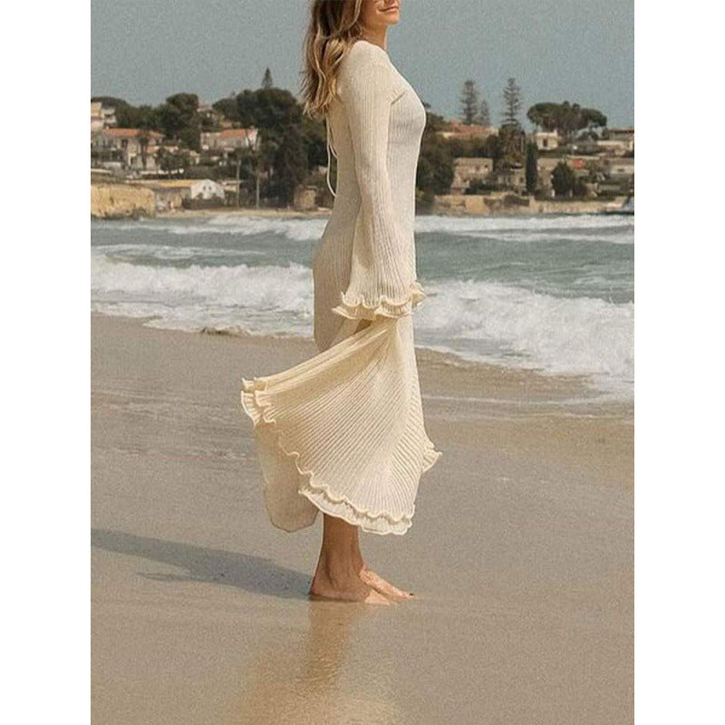 Women's Ribbed Maxi Dress with Long Sleeves, Ruffle Cuffs and Ruffle Hem Mune Fashion
