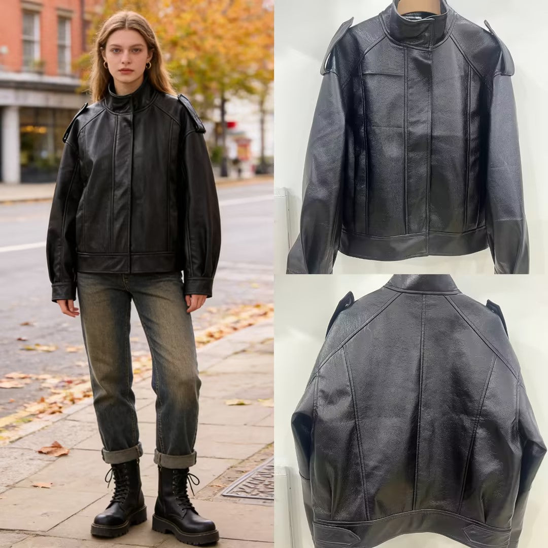 Women's Oversize Leather Jacket with Cut-Out Shoulder, Stand Collar and Structured Seams Mune Fashion