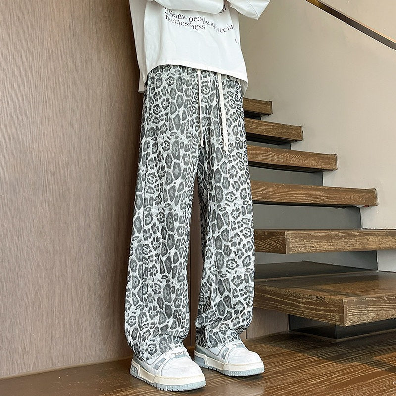 Men's Loose Fit Leopard Print Pants made of Lightweight Viscose Blend with Drawstring Mune Fashion