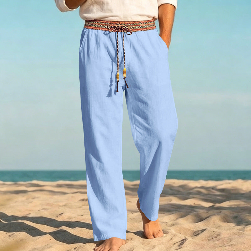 Men's Linen Look Casual Trousers with Embroidered Drawstring Waistband and Drawstring
