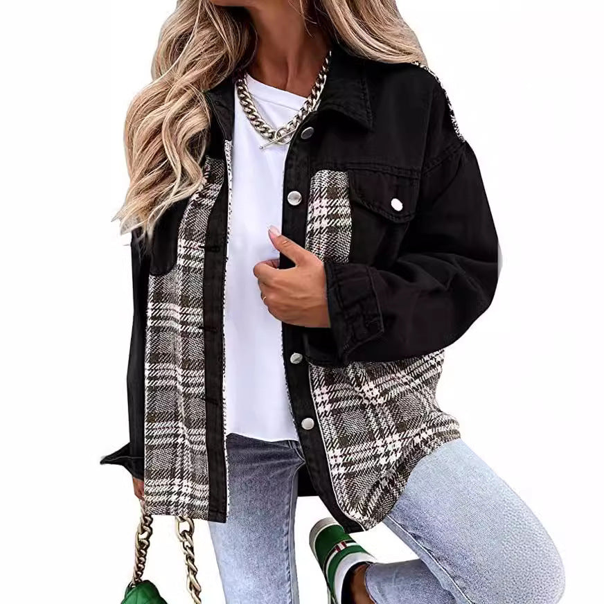 Women's casual shacket made of corduroy fabric with checked panel inserts and snap button closure Mune Fashion