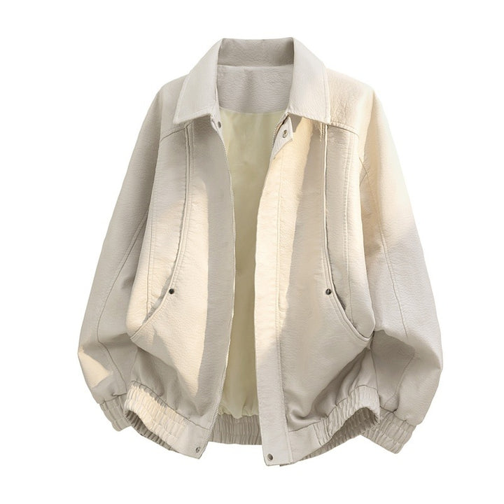 Men's Oversize Faux Leather Bomber Jacket with Zipper, Elastic Hem, and Side Pockets Mune Fashion