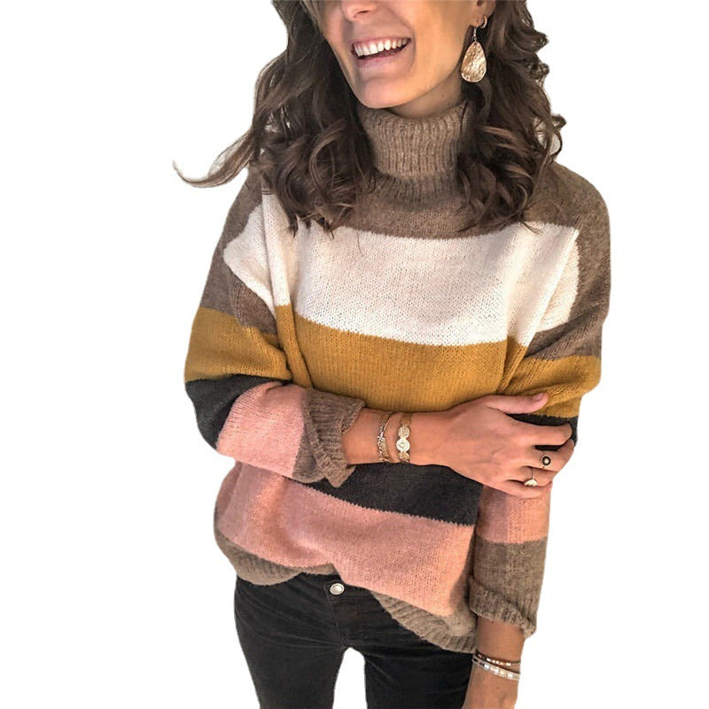 Women Oversize Turtleneck Sweater with Wide Block Stripes and Soft Knit Mune Fashion