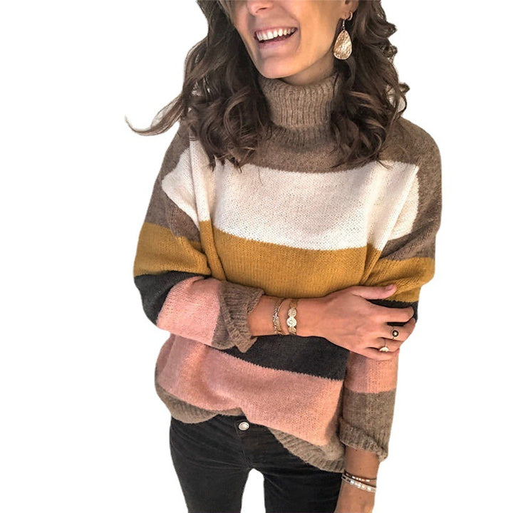 Women Oversize Turtleneck Sweater with Wide Block Stripes and Soft Knit Mune Fashion