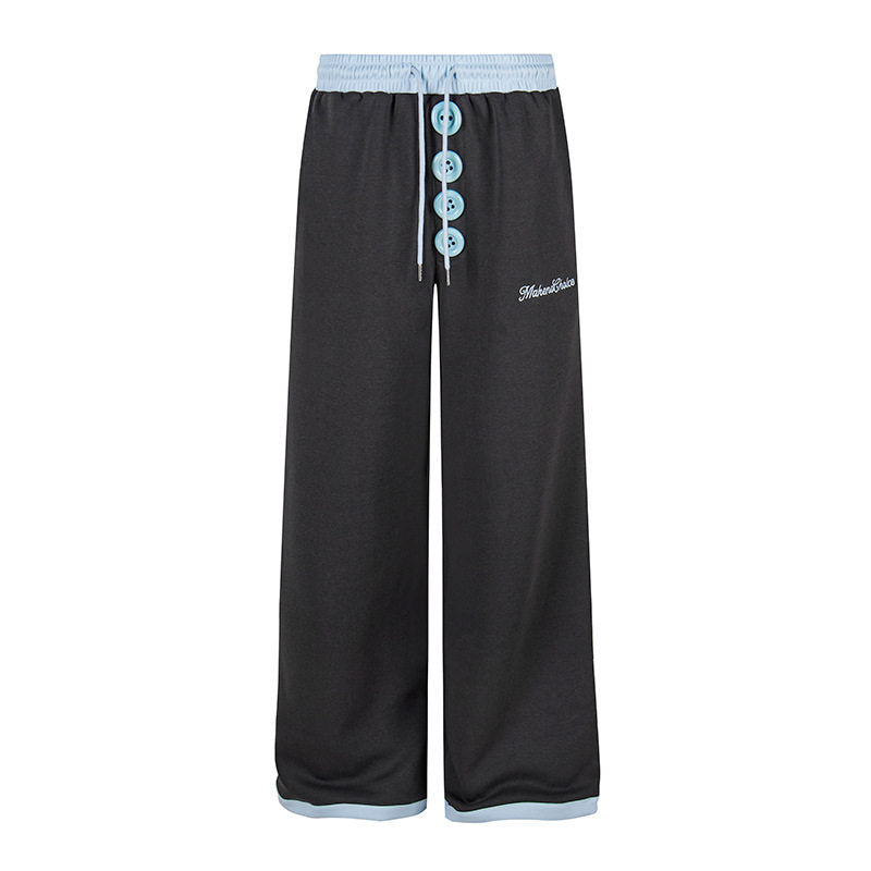 Women Wide Lounge Pants with Decorative Button Placket, High Waist and Drawstring Mune Fashion