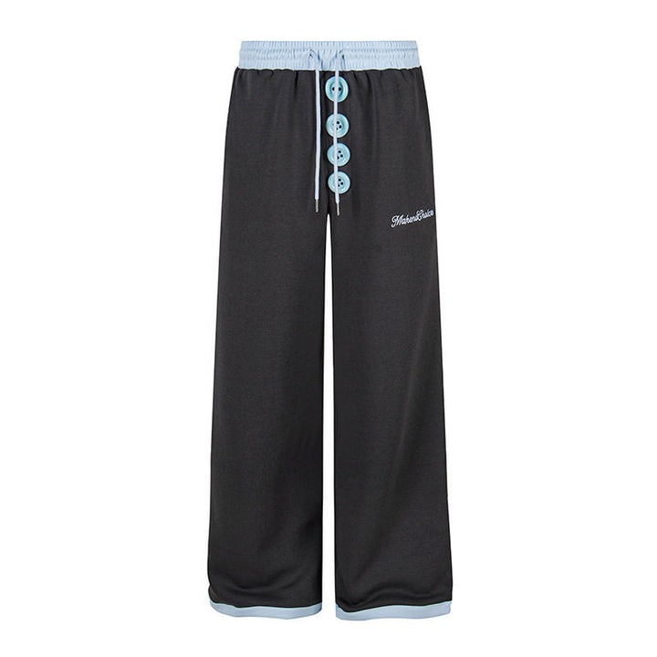Women Wide Lounge Pants with Decorative Button Placket, High Waist and Drawstring Mune Fashion
