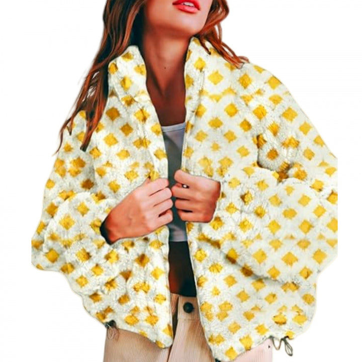 Ladies short-cut Sherpa fleece jacket with geometric pattern and drawstring Mune Fashion