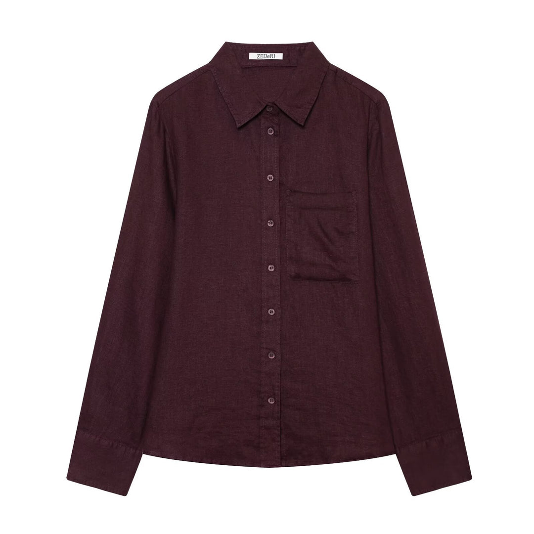 Women Oversized Shirt Blouse in Linen Look with Chest Pocket and Cuffs Mune Fashion