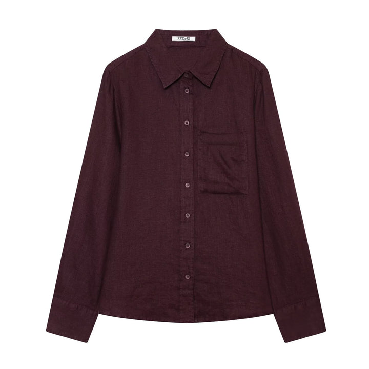 Women Oversized Shirt Blouse in Linen Look with Chest Pocket and Cuffs Mune Fashion