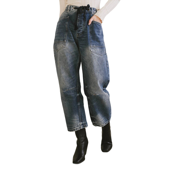 Women casual cargo denim culotte with drawstring waistband and large patch pockets Mune Fashion