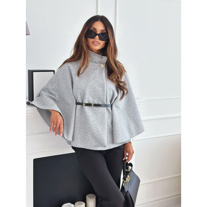 Women's Cape Coat with Fitted Leather Belt and Stand Collar Mune Fashion