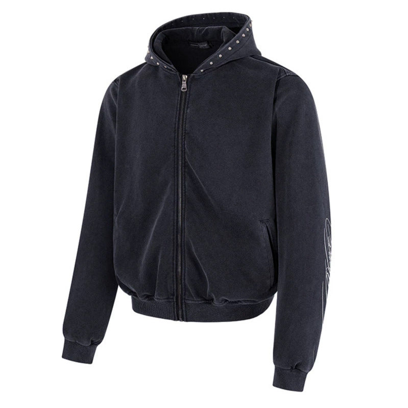 Men's Short Cut Zip Hooded Jacket made of Velour with Studded Hood Mune Fashion