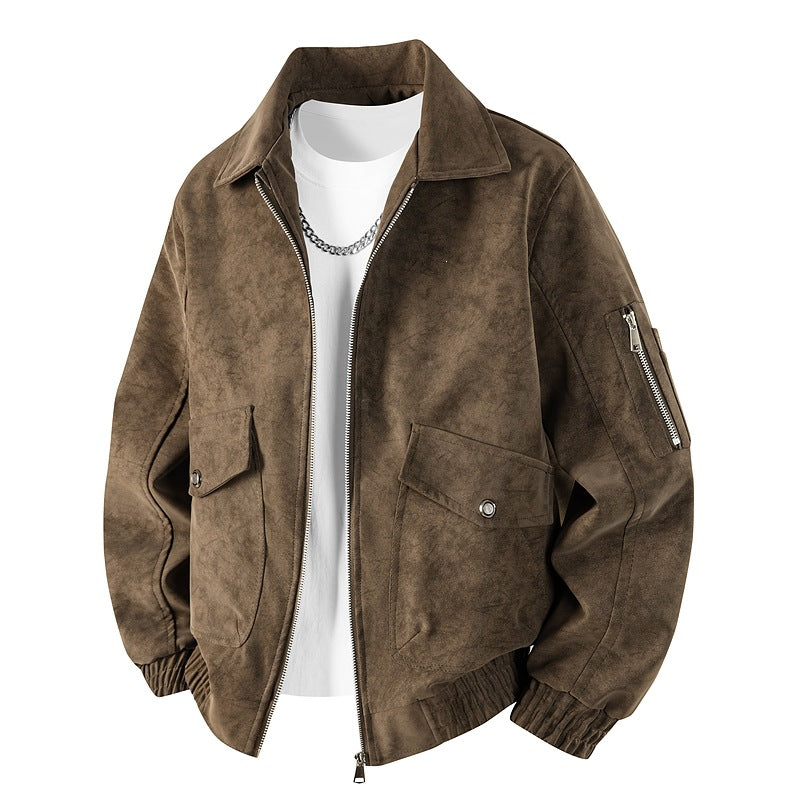 Men's Velour Leather Look Oversized Bomber Jacket with Utility Arm Pocket & Flap Pockets Mune Fashion