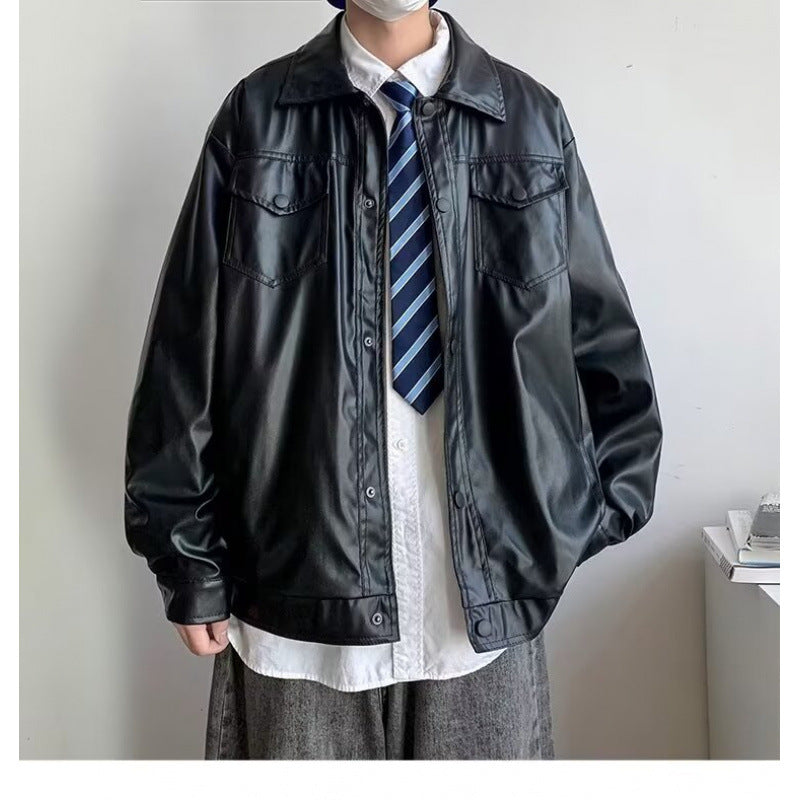 Men's Oversized Faux Leather Shirt Jacket in Boxy Look with Flap Pockets and Snap Placket Mune Fashion
