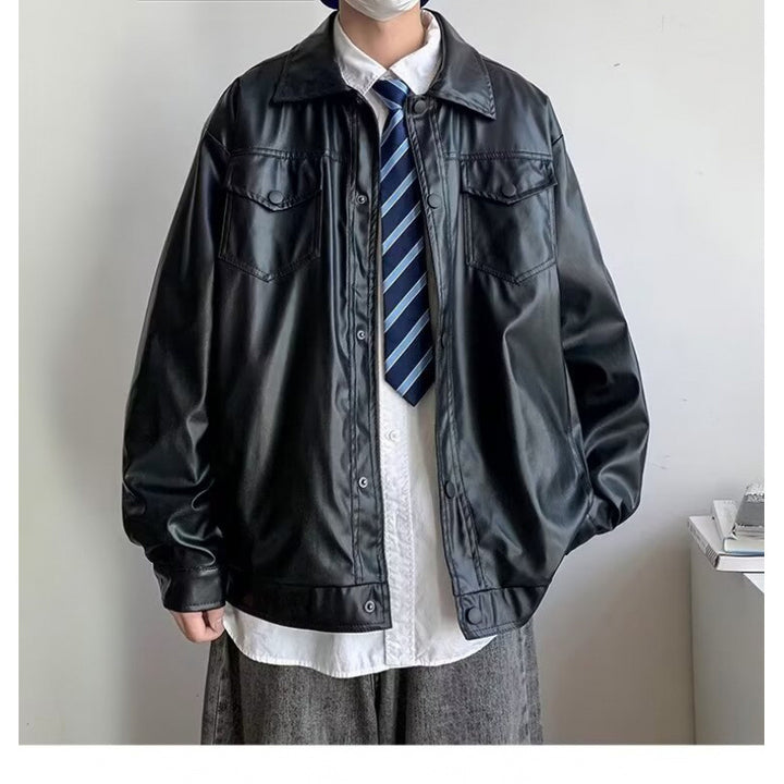 Men's Oversized Faux Leather Shirt Jacket in Boxy Look with Flap Pockets and Snap Placket Mune Fashion