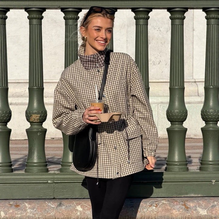 Women Checkered Waist Parka with Stand-up Collar, Drawstring, and Flap Pockets Mune Fashion