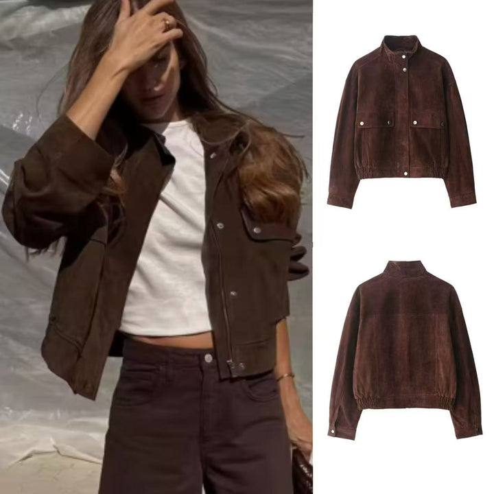 Women's short-cut suede bomber jacket with stand-up collar and flap pockets Mune Fashion