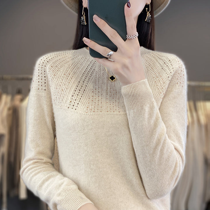 Ladies Soft Cashmere-Look Fine Knit Sweater with Ajour-Yoke and Sequin Trim Mune Fashion