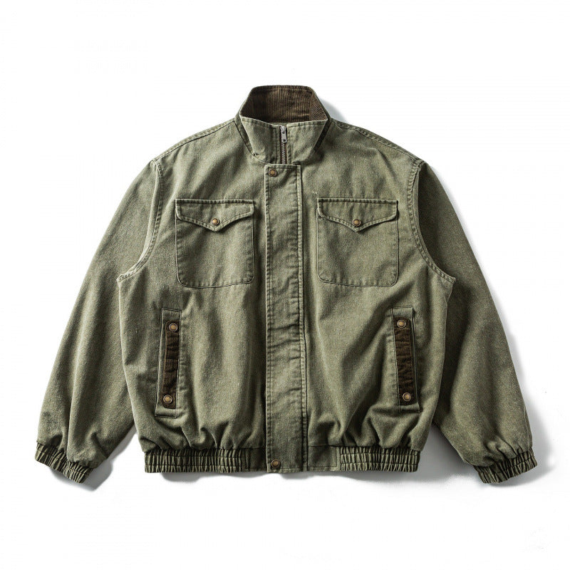 Men's Boxy Canvas Blouson Jacket with Cord Trim, Stand-Up Collar and Elastic Hem Mune Fashion