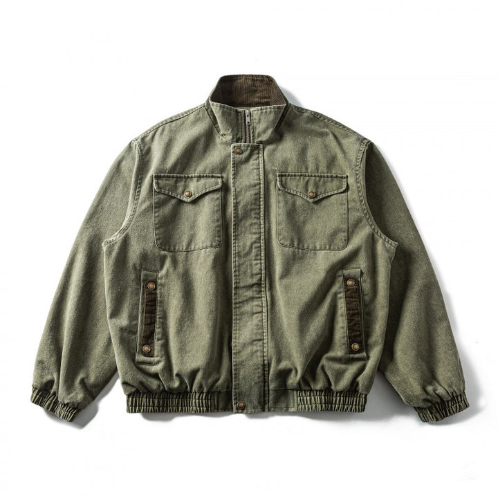 Men's Boxy Canvas Blouson Jacket with Cord Trim, Stand-Up Collar and Elastic Hem Mune Fashion
