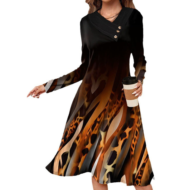 Women A-line midi dress with animal print, asymmetrical V-neck and decorative button placket Mune Fashion