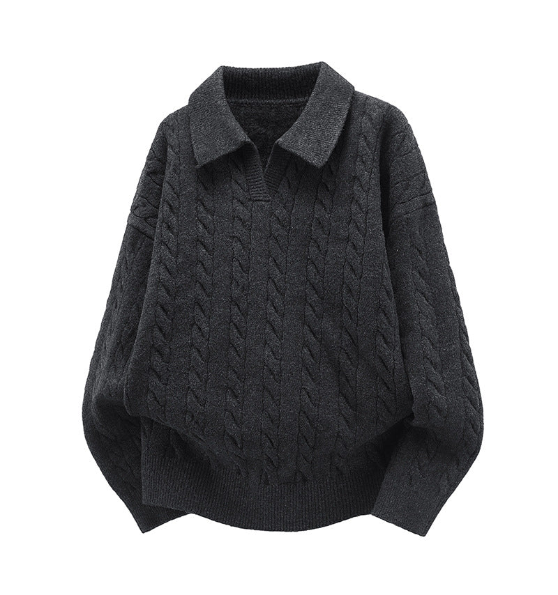 Women's Oversized Cable Knit Polo Sweater with V-Neck and Ribbed Hem Mune Fashion