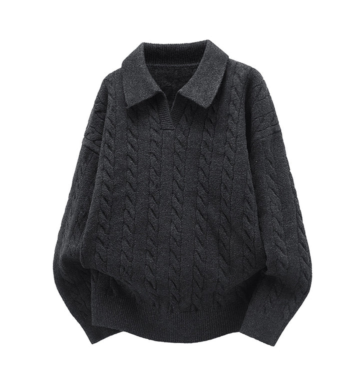 Women's Oversized Cable Knit Polo Sweater with V-Neck and Ribbed Hem Mune Fashion