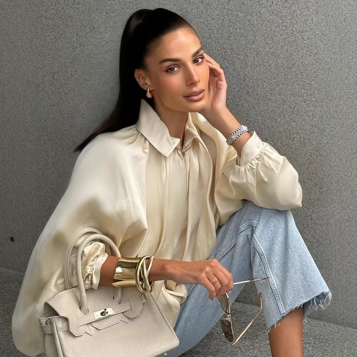 Women's wide pleated cape blouse with standing collar and concealed zipper Mune Fashion