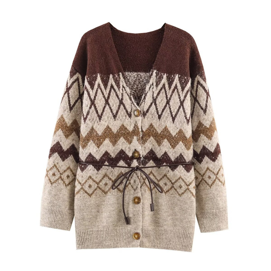 Women's Patterned Knit Cardigan with V-Neck, Button Placket and Waistband Mune Fashion