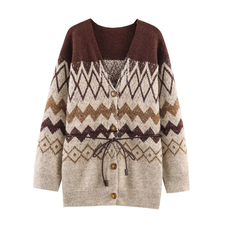 Women's Patterned Knit Cardigan with V-Neck, Button Placket and Waistband Mune Fashion