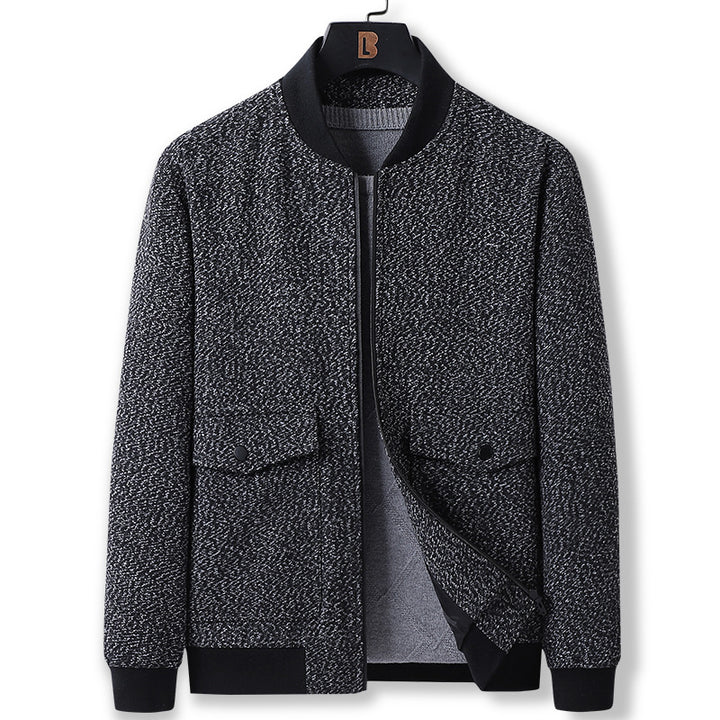 Men’s structured knit bomber jacket with applied patch pockets, ribbed cuffs, and discreet zipper Mune Fashion