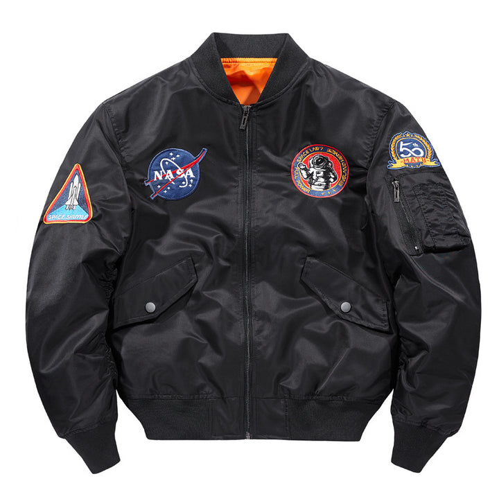 Men's  nylon flight-style bomber with embroidered space patches and contrast orange lining Mune Fashion