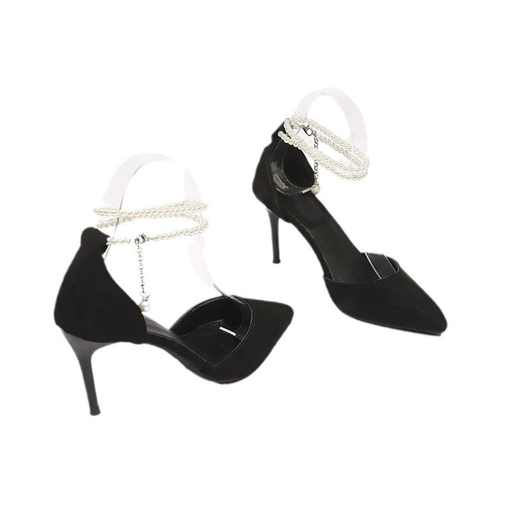 Women Cut-Out Pumps with Pearl Ankle Straps and Slim Stiletto Heel