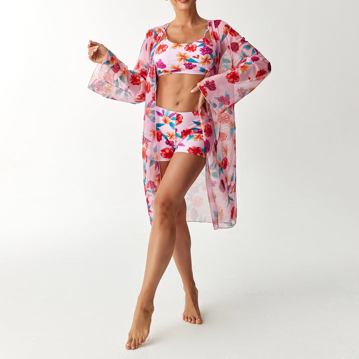 Women's swimsuit set with floral top and transparent beach cover-up Mune Fashion