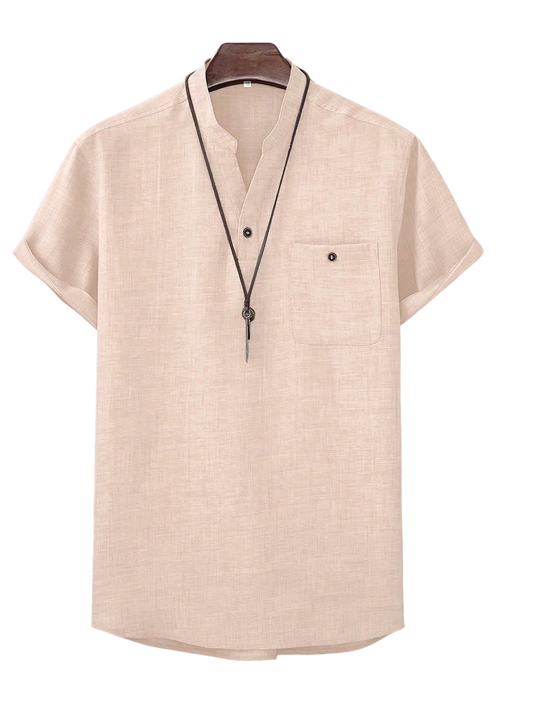 Men's casual Mandarin-style short-sleeve shirt with half-button placket, patch chest pocket, and rounded hem Mune Fashion