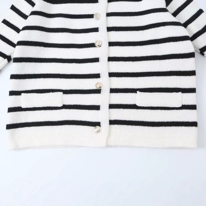 Women's Striped Fine Knit Cardigan with Round Neckline, Patch Pockets and Decorative Buttons Mune Fashion