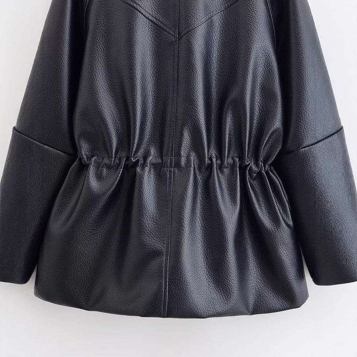 Women's Oversize Faux Leather Jacket with Stand-Up Collar, Drawstring Waist and Patch Pockets Mune Fashion