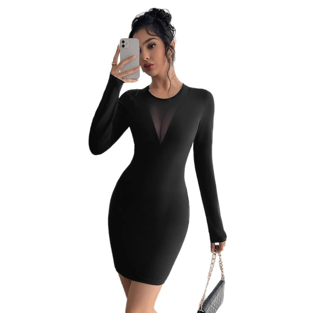 Women nan fitted pencil dress with transparent V-insert and round neckline Mune Fashion
