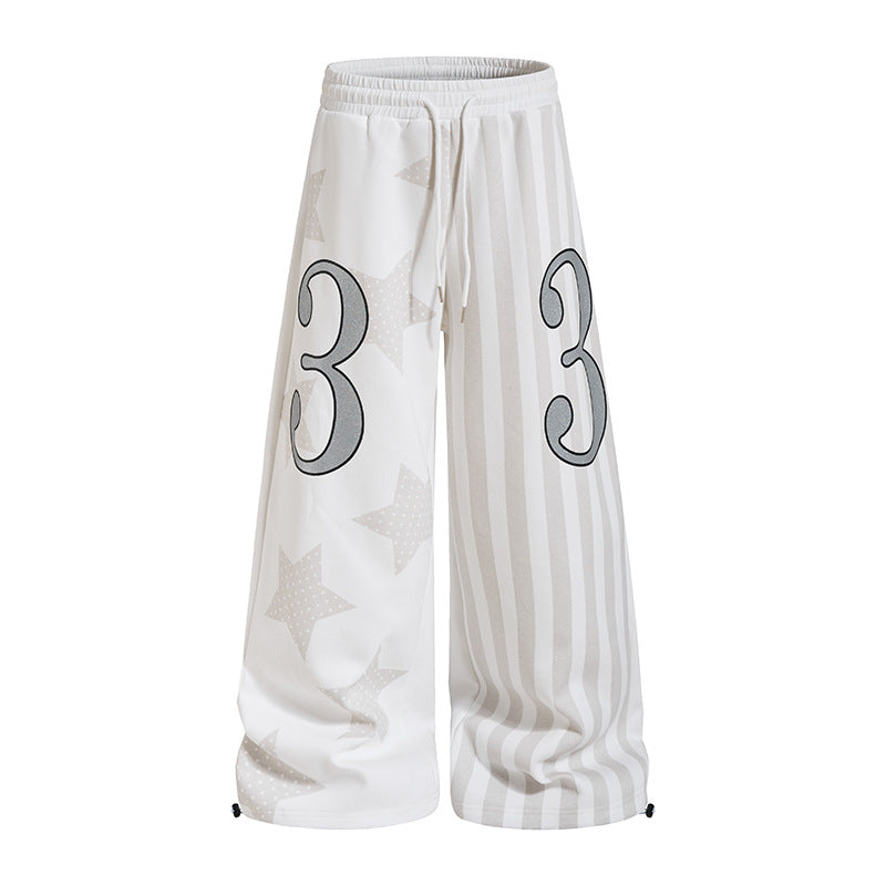 Women Wide Lounge Pants with High Comfort Waistband, Drawstring, Star and Stripe Print Mune Fashion