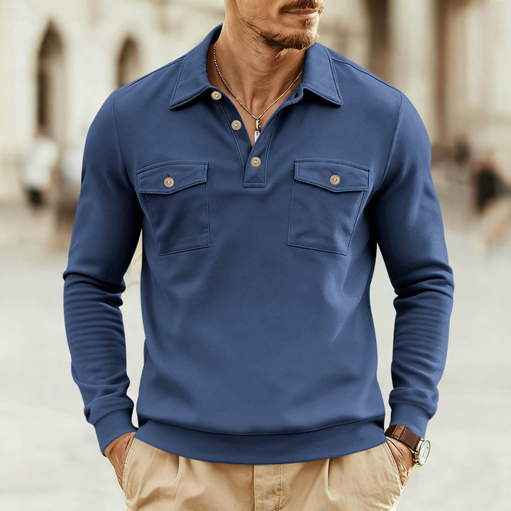 Men's fitted long sleeve polo shirt with shirt collar and applied breast pockets Mune Fashion