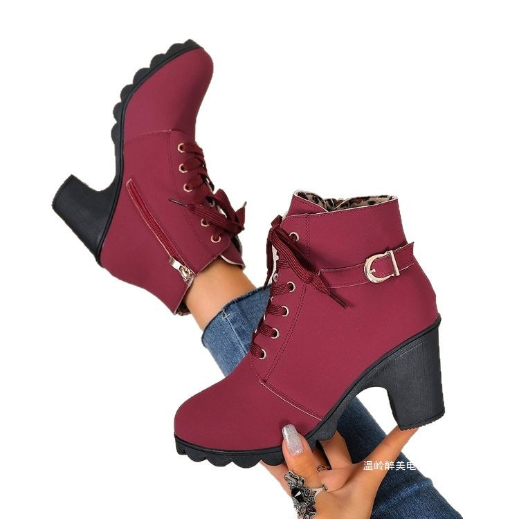 Women ankle-high lace-up ankle boots with side zipper, decorative belt loop, medium-high block heel, and strong-profiled outsole Mune Fashion