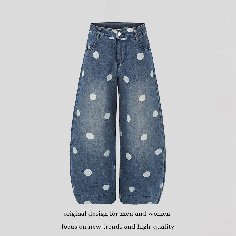 Women's Wide Jeans Culottes in Palazzo Style with High Waist and Polka Dot Pattern Mune Fashion