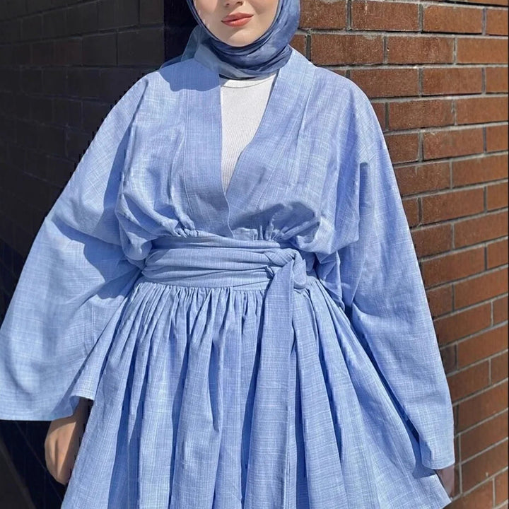 Women's kimono wrap dress in linen look with wide skirt and tie belt Mune Fashion