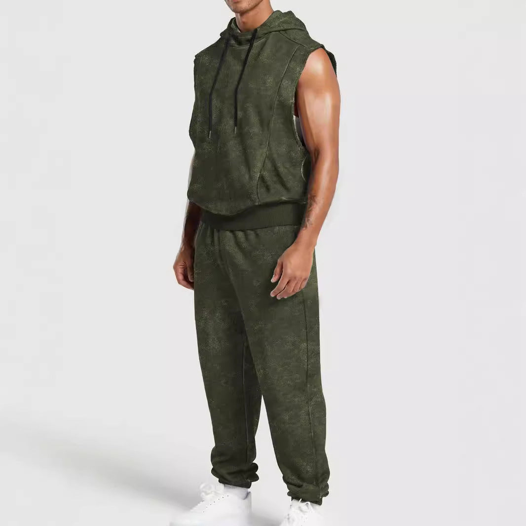 Men's sleeveless hooded sweat set in velour look with elastic joggers and ribbed cuffs Mune Fashion