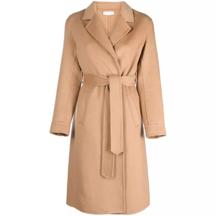 Women's Midi-Length Wrap Coat in Clean-Cut made of Wool-Cashmere Blend with Tie Belt Mune Fashion