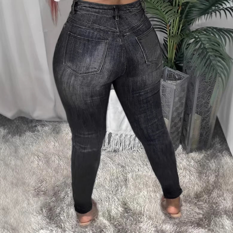 Women high-waisted shapewear skinny jeans with asymmetric rips and ankle-length cut Mune Fashion