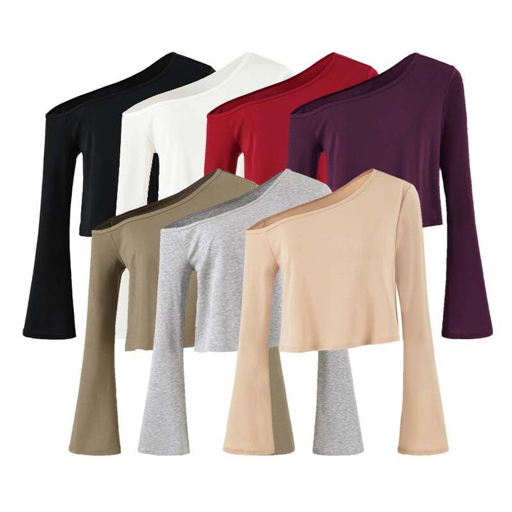 Women's Cropped Off-Shoulder Long Sleeve with Flared Trumpet Sleeves made of Jersey Mune Fashion