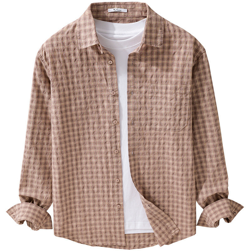 Men's Lightweight Checked Seersucker Shirt with Chest Pocket and Relaxed Fit Mune Fashion