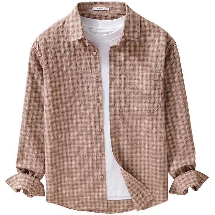 Men's Lightweight Checked Seersucker Shirt with Chest Pocket and Relaxed Fit Mune Fashion