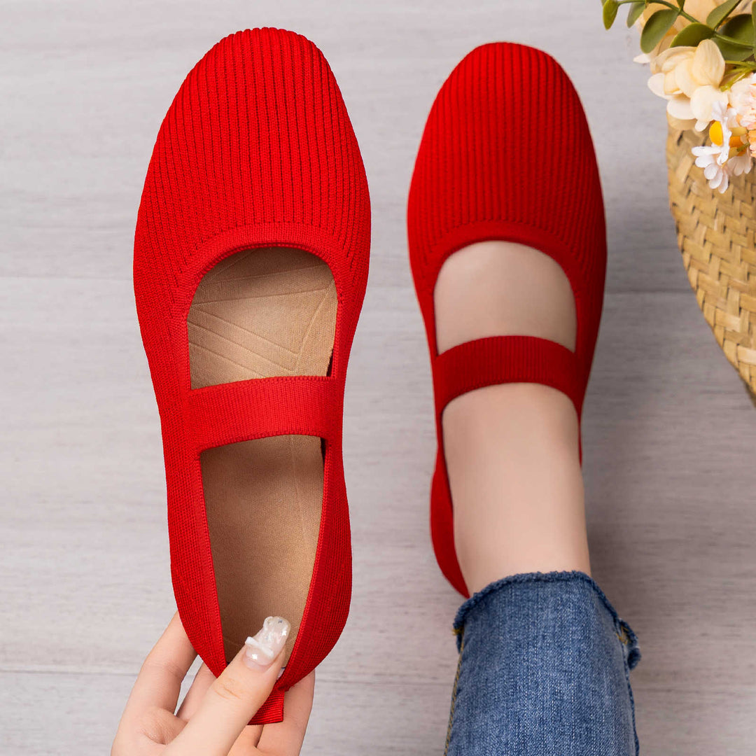 Women's knitted Mary Jane slipper with elastic strap, seamless sock entry and cushioning comfort sole Mune Fashion